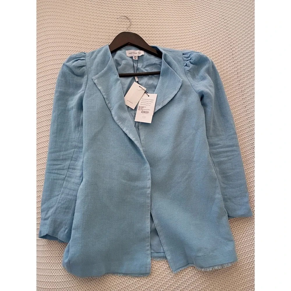 NWT SOMETHING NAVY Blue Linen Cotton Puff Shouldr Raw Edge Blazer XS PTP 32 $195